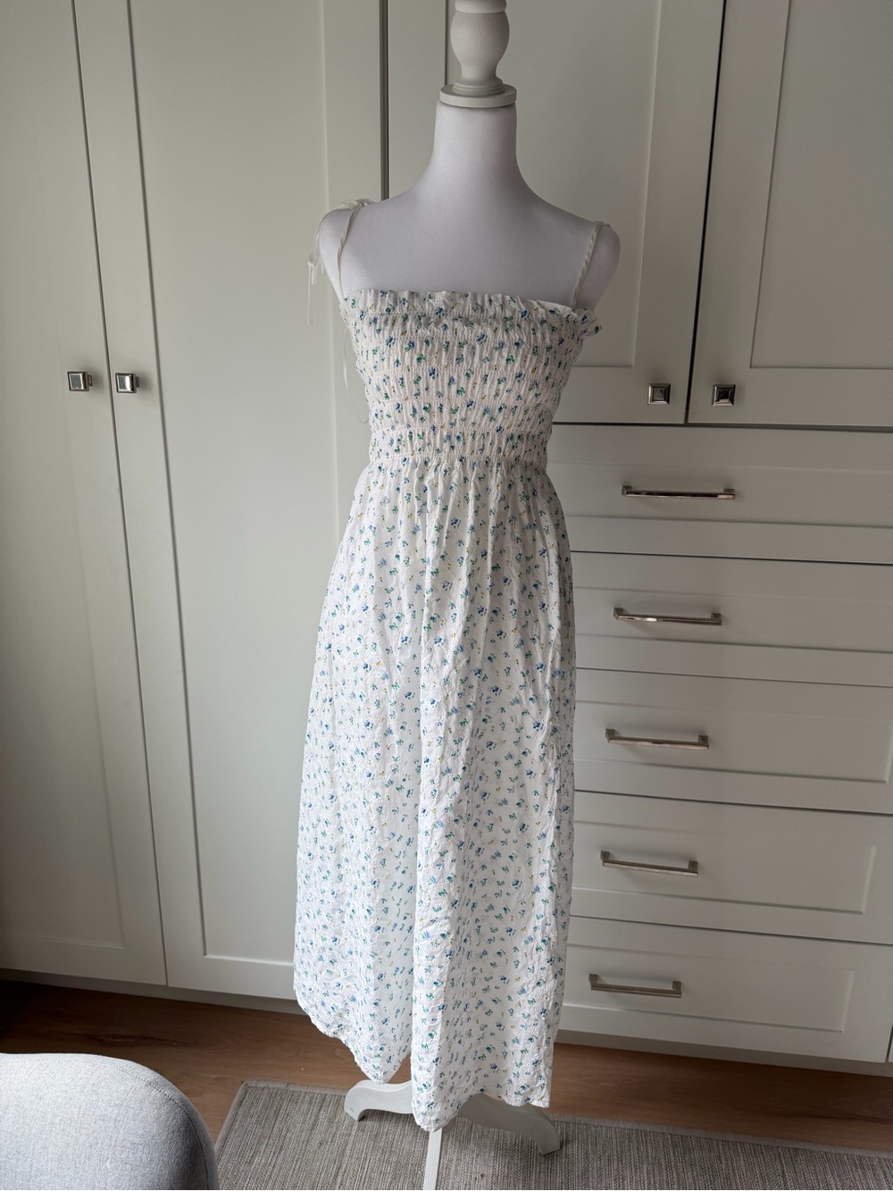 RAILS White Floral Smocked Midi Dress with Blue Accents